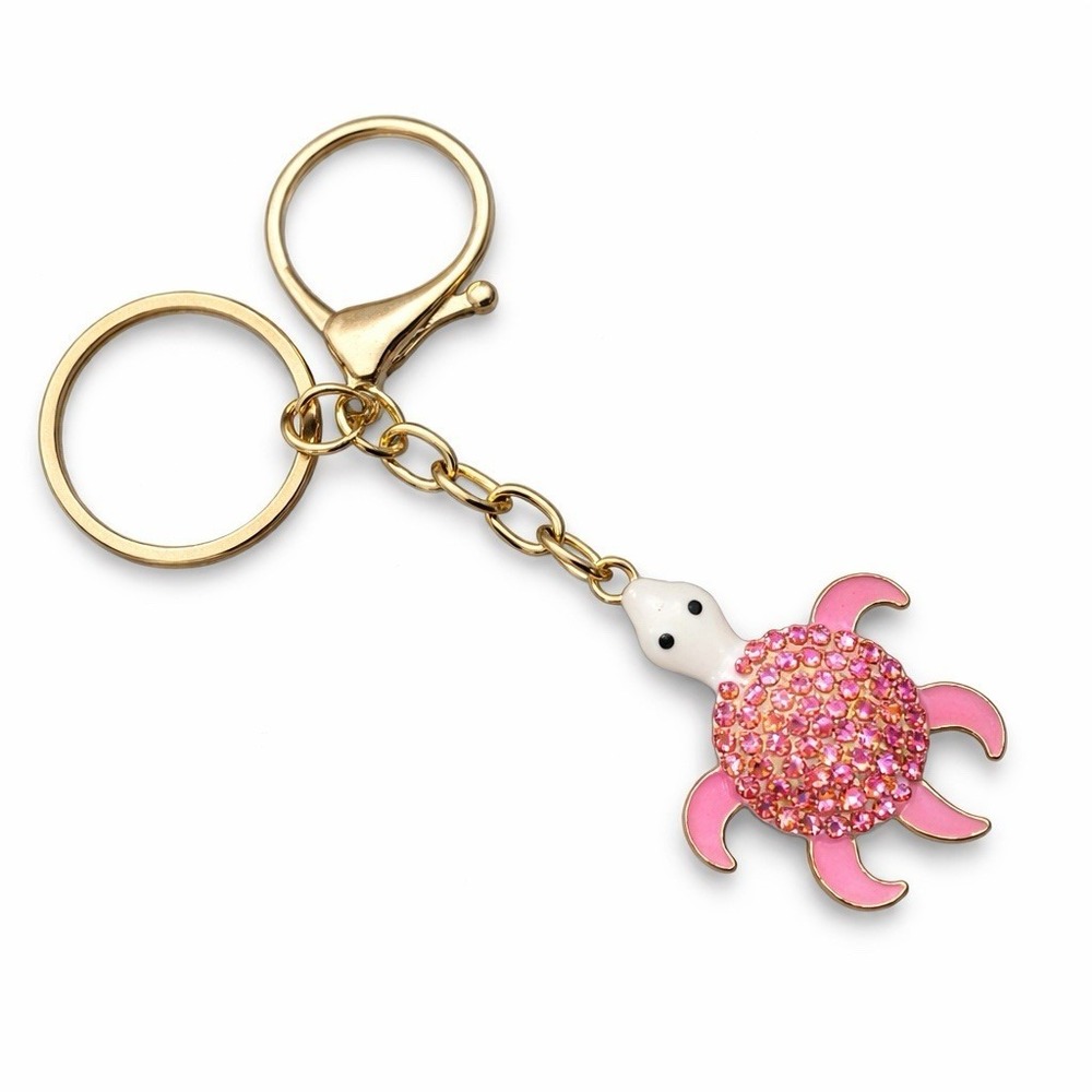 Pink Rhinestone Sea Turtle Gold Tone Metal Keychain Charm with Clip 4"
